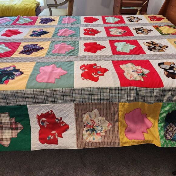 1970s Double knit Quilt Blanket Leaf Pattern Handmade Bright Colors Queen VTG - Picture 7 of 8